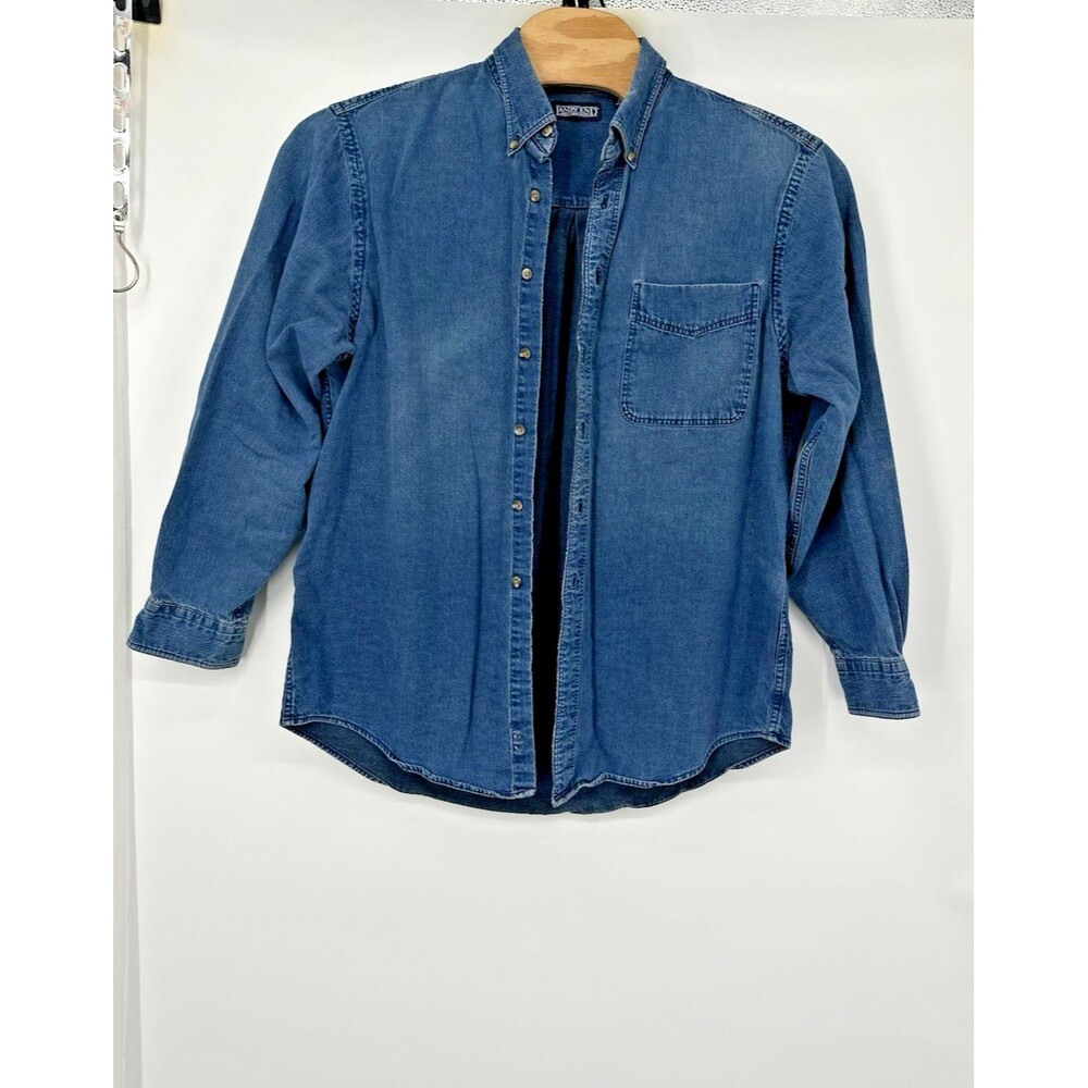 Vintage 90s Lands End Denim Shirt Mens L Blue Pocket Faded Workwear Made in USA